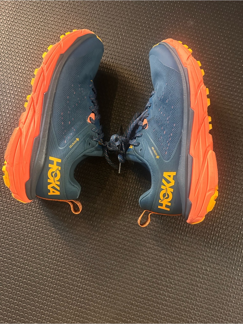 Hoka One One Challenger—Blue Trail Sneakers with Salmon and Yellow Soles